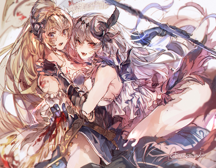 2girls absurdres am_(nmc_cc) ass bare_shoulders battle_standard blonde_hair blood blood_on_breasts blood_on_face bloody_clothes blue_eyes blush boots breasts camisole collarbone dark_jeanne dual_persona feathers gauntlets granblue_fantasy hair_between_eyes hair_feathers hair_ornament hairband highres huge_filesize jeanne_d'arc_(granblue_fantasy) long_hair looking_at_viewer medium_breasts multiple_girls open_mouth red_eyes saliva sideboob signature skirt_hold tears white_hair