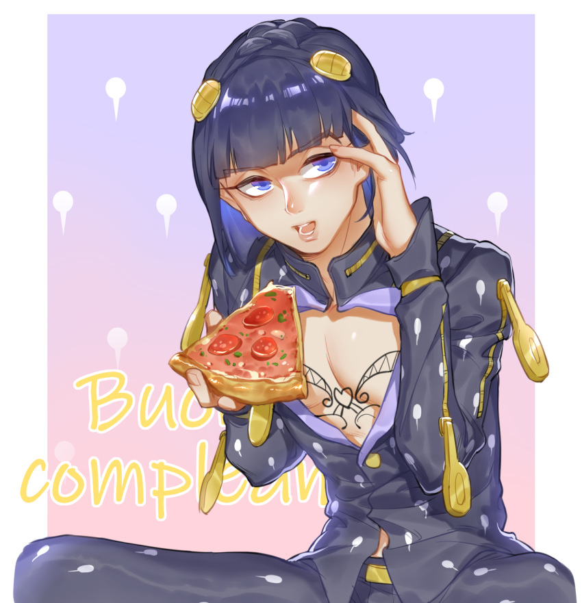 1boy black_hair blue_eyes blue_hair bob_cut bruno_buccellati cleavage_cutout eating food hair_ornament highres iroha741852963 jojo_no_kimyou_na_bouken male_focus palette_swap pizza solo vento_aureo zipper