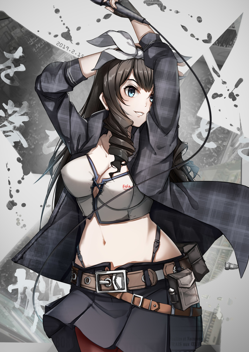 1girl absurdres alternate_costume arms_up belt belt_pouch black_gloves blue_eyes blue_jacket bow breasts brown_hair cable cleavage crop_top dated drill_hair drill_locks erect_nipples fingerless_gloves girls_frontline gloves grin hair_bow highres hip_focus holding holding_microphone howa_type_64_(girls_frontline) image_fill jacket large_breasts long_hair looking_to_the_side microphone navel open_clothes open_jacket pixiv_id_12457925 plaid_jacket pouch shirt smile solo strap white_bow white_shirt