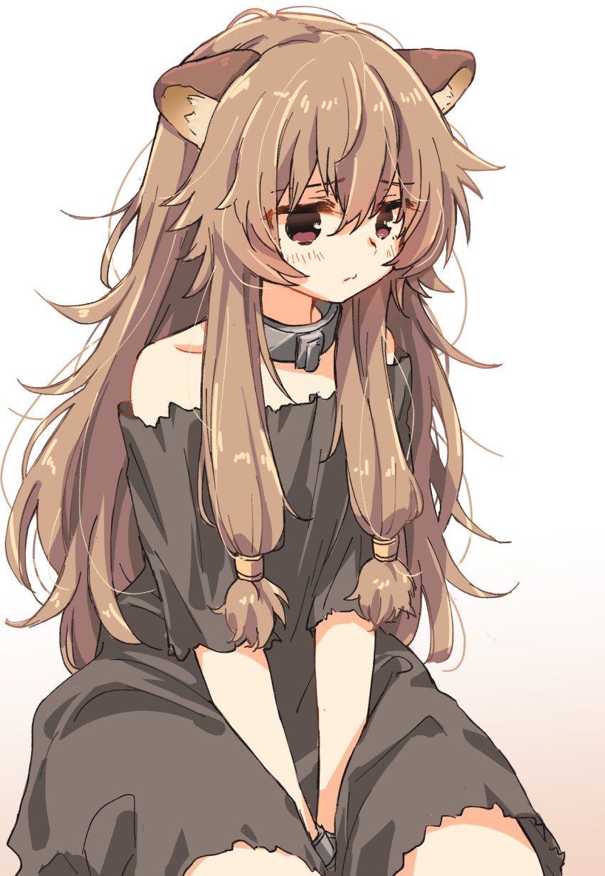 1girl animal_ears blush brown_eyes brown_hair child collar cuffs empty_eyes highres long_hair matsuda_hikari metal_collar raccoon_ears raccoon_girl raphtalia slave solo tate_no_yuusha_no_nariagari