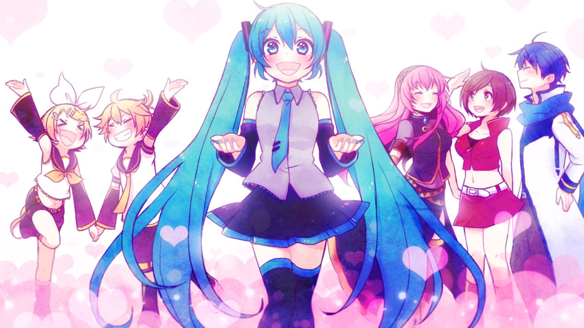 &gt;_&lt; 2boys 4girls :d ^_^ belt black_skirt blonde_hair blue_eyes blue_hair blue_nails blue_neckwear blue_scarf blush breasts brown_hair closed_eyes coat commentary_request crop_top cupping_hands detached_sleeves eyebrows_visible_through_hair eyes_closed fingernails flat_chest floating_hair gradient gradient_background grey_shirt grin hair_between_eyes hair_ornament hair_ribbon hairband hairclip happy hatsune_miku heart heart_background kagamine_len kagamine_rin kaito light_smile long_hair looking_up medium_breasts megurine_luka meiko multiple_boys multiple_girls nail_polish navel necktie open_mouth outstretched_arm outstretched_hand pink_background pink_hair profile red_skirt ribbon sailor_collar scarf shirt short_hair shorts simple_background skirt sleeveless sleeveless_shirt smile standing standing_on_one_leg thighhighs tsuyuka_(sunny_spot) twintails very_long_hair vocaloid white_background white_ribbon white_shirt