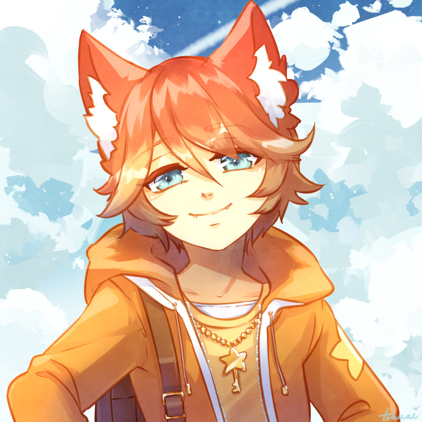 absurd_res animal_humanoid backpack blue_eyes canid canid_humanoid canine canine_humanoid canis clothing cloud dog_humanoid hair hi_res humanoid looking_at_viewer mammal orange_hair smile sweater tshuki