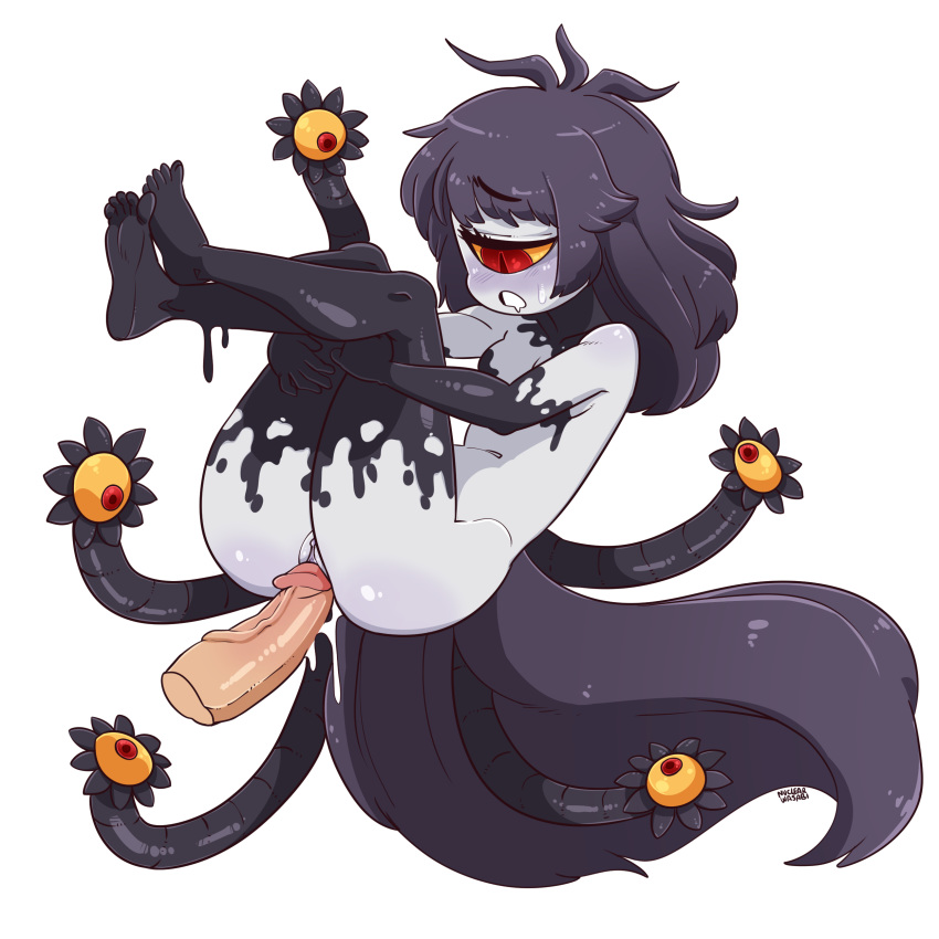 1_eye 5_fingers 5_toes absurd_res armwear beige_penis big_eyes big_penis black_hair black_tail blush breasts butt clothing cum cyclops demon drooling duo eyelashes feet female female_focus gazer gazer_(mamono_girl_lover) gloves grey_skin hair half-closed_eyes hi_res human human_on_humanoid humanoid humanoid_feet humanoid_hands humanoid_penis legwear light_skin long_hair long_tail male male/female mammal messy_hair navel nervous noseless nuclearwasabi pale_skin penis prodding pseudo_clothing purple_pussy pussy red_eyes saliva simple_background slit_pupils solo_focus sweat tan_skin tentacle_eye tentacles thigh_highs toes vaginal_prodding vein veiny_penis white_background yellow_sclera