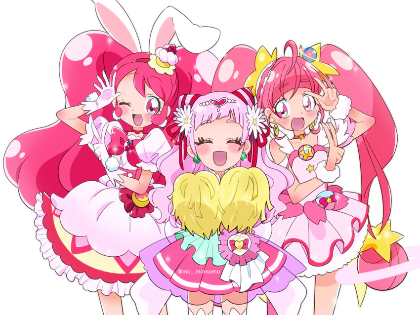 3girls ;d animal_ears bow bunny_ears cake_hair_ornament choker color_connection cowboy_shot cure_star cure_whip cure_yell double_bun double_v dress earrings extra_ears eyelashes eyes_closed facing_viewer flower food_themed_hair_ornament gloves hair_color_connection hair_flower hair_ornament hair_ribbon hairband hoshina_hikaru hugtto!_precure jewelry kirakira_precure_a_la_mode long_hair looking_at_viewer magical_girl momomo_(344343) multiple_girls nono_hana one_eye_closed open_mouth pink_bow pink_eyes pink_hair pink_neckwear pink_skirt precure red_hairband red_ribbon ribbon see-through simple_background skirt smile standing star star_choker star_hair_ornament star_twinkle_precure thighhighs twintails usami_ichika v white_background white_dress white_gloves zettai_ryouiki