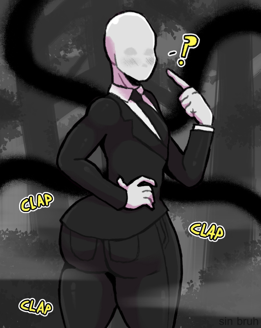 2019 absurd_res back_tentacles big_butt blush butt clothed clothing creepypasta detailed_background digital_media_(artwork) english_text hi_res human looking_at_viewer looking_back male mammal not_furry sin_bruh slenderman solo standing suit tentacles text thick_thighs tree video_games