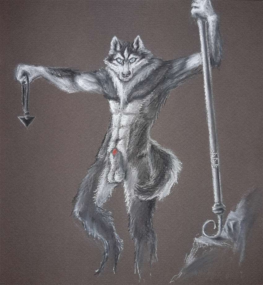 2019 amulet animal_genitalia animal_penis anthro balls black_fur black_triangle canid canine canine_penis canis crosier domestic_dog eila_(nartist) fur grey_background hi_res husky looking_at_viewer male mammal muscular nartist navel nude pastel_(artwork) penis penis_tip pose runes sheath simple_background solo staff standing traditional_media_(artwork) were werecanid werecanine werewolf white_fur wolf