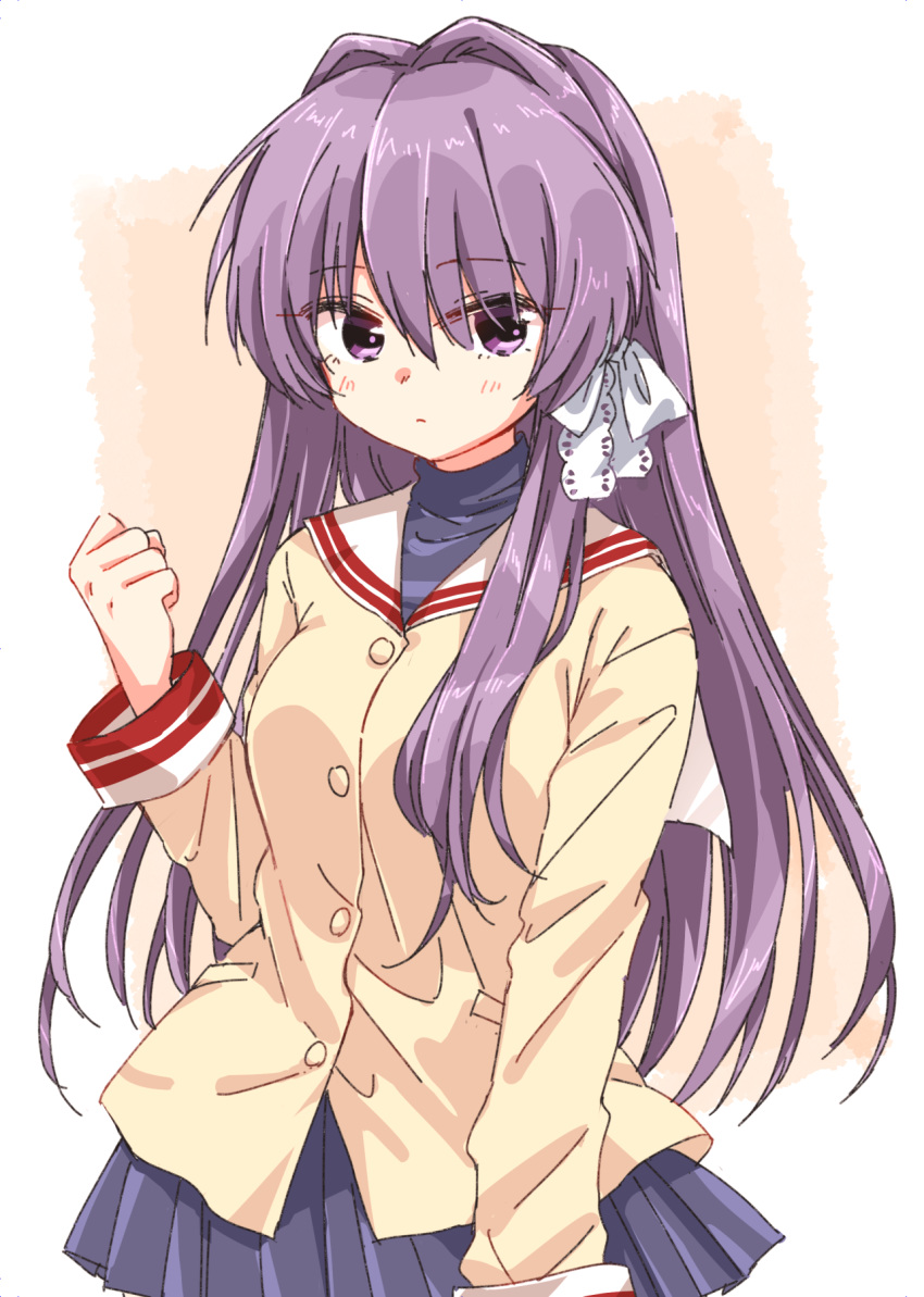 1girl bangs blue_skirt blush breasts buttons clannad clenched_hand closed_mouth commentary_request fujibayashi_kyou hair_between_eyes hair_intakes hair_over_one_eye hair_ribbon hand_up highres hikarizaka_private_high_school_uniform long_hair long_sleeves looking_at_viewer matsuda_hikari medium_breasts miniskirt pleated_skirt purple_eyes purple_hair ribbon sailor_collar school_uniform shirt sidelocks skirt solo standing upper_body white_ribbon white_sailor_collar yellow_shirt
