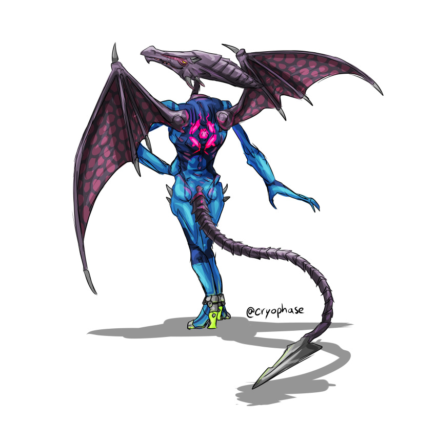 2019 absurd_res alien ambiguous_gender anthro anthrofied butt claws clothing cryophase dragon footwear hi_res high_heels long_tail looking_at_viewer looking_back metroid nintendo purple_skin reptile ridley scalie shoes smile solo video_games wings yellow_eyes