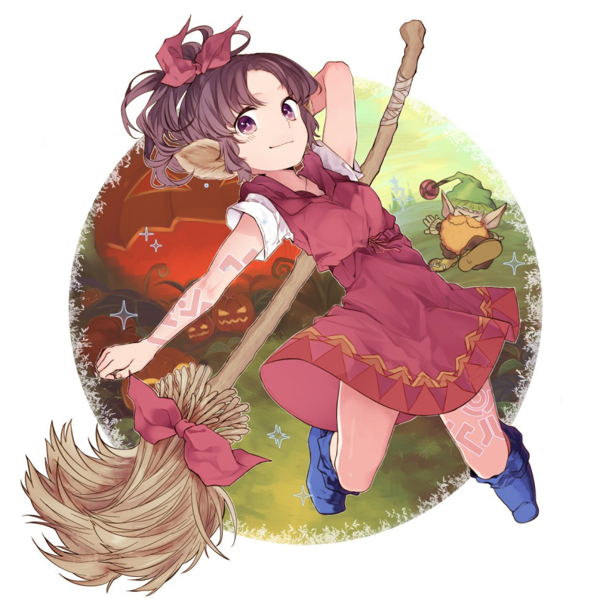 1girl back bare_arms bare_legs blue_eyes bow broom colored_eyelashes curly_hair dutch_angle elf eyelashes facing_viewer forehead from_behind full_body gnome_(seiken_densetsu) hair_ribbon highres holding holding_broom hood hood_down kneepits legend_of_mana lisa_(lom) long_legs looking_at_viewer looking_back pointy_ears pumpkin purple_bow purple_eyes purple_hair ribbon seiken_densetsu simple_background sketch smile solo standing tsubakimura white_background widow's_peak