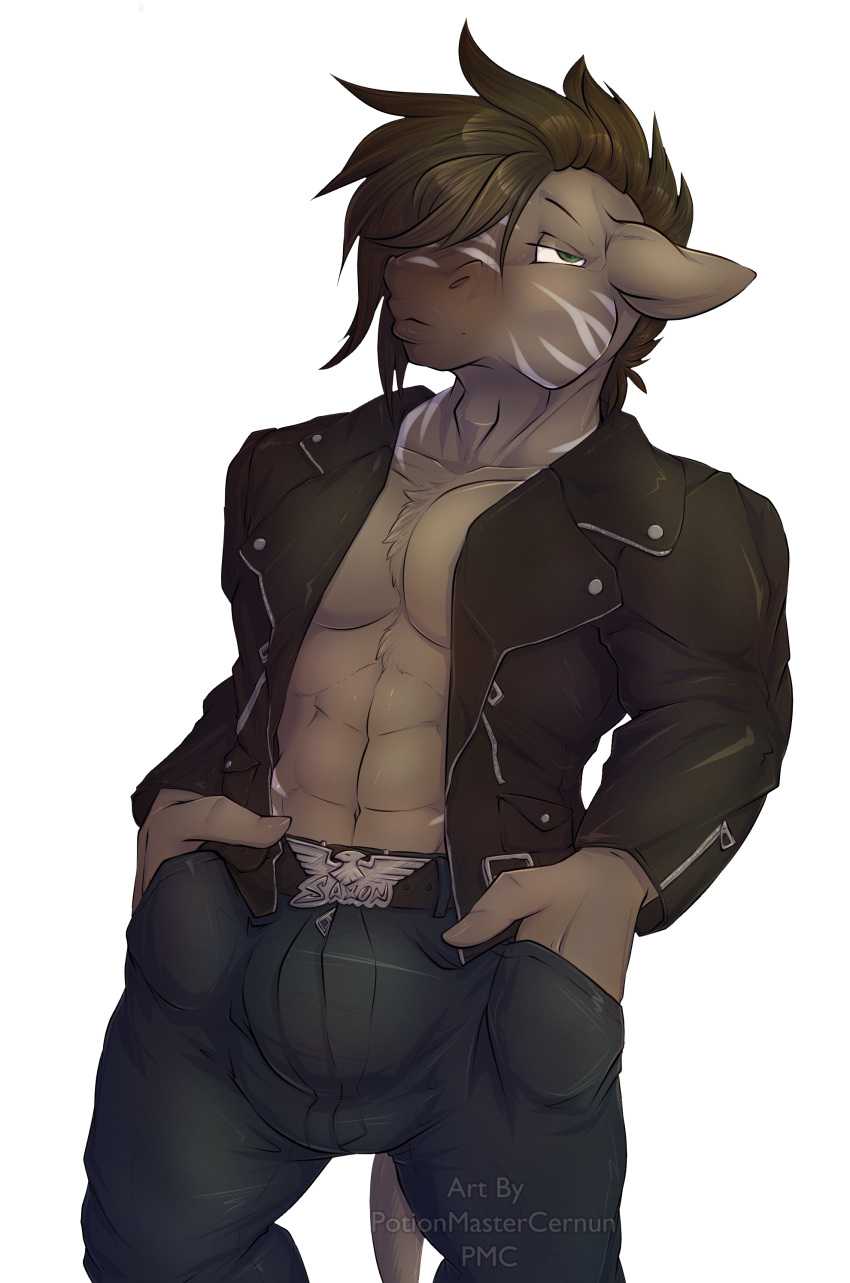 abdominal_muscles absurd_res alpha_channel belt bulge chest_fur clothed clothing dartallion equid equine green_eyes hi_res jacket jeans leather leather_jacket mammal muscular pants potionmastercernun simple_background tagme transparent_background zebra