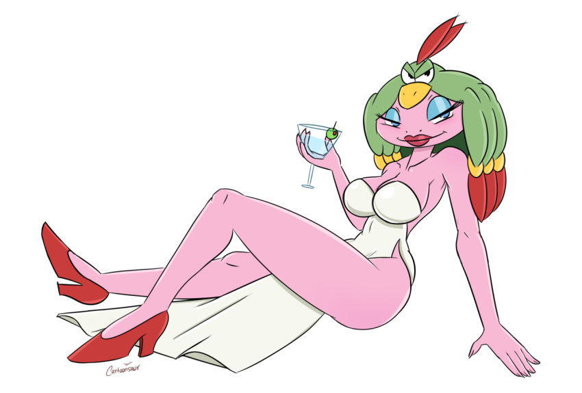 alcohol beverage big_breasts blue_eyes breasts cartoonsaur cleavage clothed clothing eyeshadow female footwear high_heels humanoid lips makeup mario_bros nintendo pink_skin queen_valentina shoes solo super_mario_rpg thick_thighs video_games