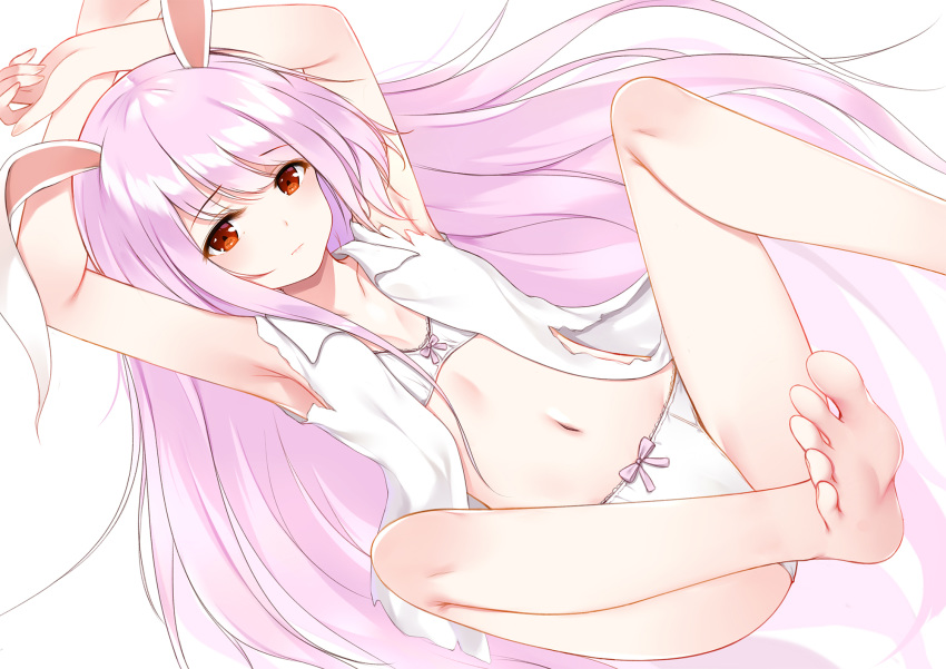 1girl animal_ears armpits arms_up bangs bare_arms bare_legs bare_shoulders barefoot blush bow bow_panties bra breasts bunny_ears collarbone commentary eyebrows_visible_through_hair feet_out_of_frame flan_(seeyouflan) highres knees_up long_hair looking_at_viewer navel open_clothes open_shirt panties pink_bow pink_hair red_eyes reisen_udongein_inaba shirt simple_background sleeveless sleeveless_shirt small_breasts solo stomach thighs torn_clothes torn_shirt touhou underwear very_long_hair white_background white_bra white_panties white_shirt