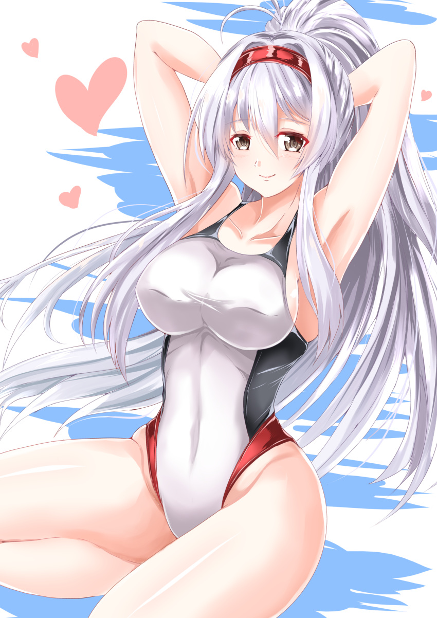 1girl absurdres arms_behind_head brown_eyes collarbone commentary_request competition_swimsuit cowboy_shot hairband heart highres impossible_clothes impossible_swimsuit kantai_collection kentan_(kingtaiki) long_hair looking_at_viewer multicolored multicolored_clothes multicolored_swimsuit one-piece_swimsuit ponytail shoukaku_(kantai_collection) sitting smile solo swimsuit taut_clothes taut_swimsuit white_hair white_swimsuit