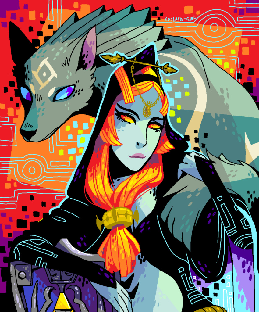 2016 abstract_background blue_eyes canid canine canis cape clothed clothing digital_media_(artwork) duo facial_markings female feral forehead_markings fur gold_(metal) gold_jewelry hair hi_res humanoid hylian_shield jewelry koolaid-girl link_(wolf_form) male mammal markings midna_(true_form) ms_paint nintendo orange_hair princess royalty shield the_legend_of_zelda twili twilight_princess video_games wolf