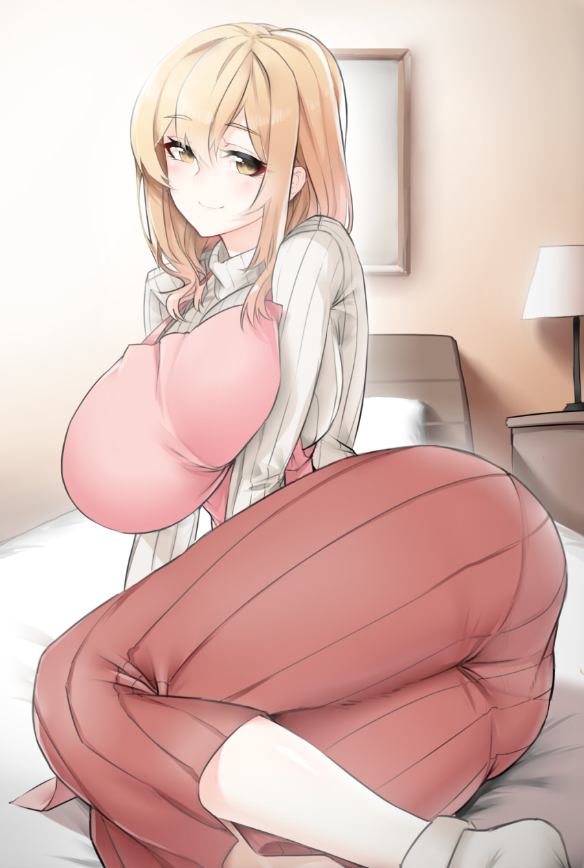 1girl apron ass blonde_hair blush breasts eyebrows_visible_through_hair hair_between_eyes highres huge_breasts large_breasts long_hair long_skirt long_sleeves looking_at_viewer panties pantylines ribbed_sweater skirt smile socks solo sunohara_ayaka sunoharasou_no_kanrinin-san sweater turtleneck turtleneck_sweater underwear xiangzi_box yellow_eyes