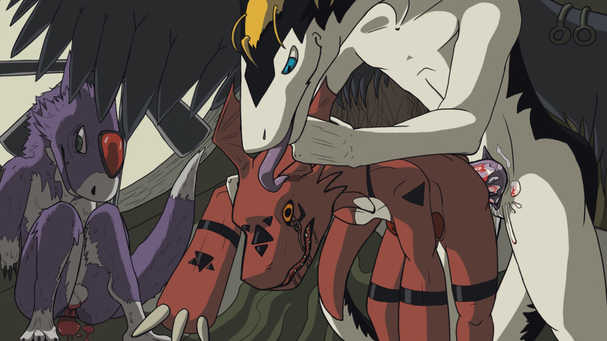 anal anthro anus blood blue_eyes claws crying cum cum_inside deriviera detailed_background digimon digimon_(species) doramon dorumon dragon forced from_behind_position gaping gaping_anus green_eyes guilmon hi_res legendz male male/male nude orange_eyes penetration rape saliva scalie sex size_difference snuff tears wounded