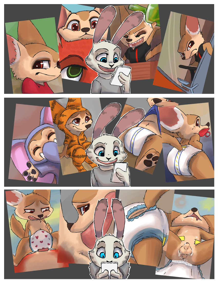 absurd_res ageplay anal anthro big_ears bulge camera canid canine clothing comic cum diaper disney duo erection fennec finnick fox hi_res infantilism jack_savage kuuneho lagomorph lying male male/male mammal nick_wilde onesie pacifier penetration penis phone rabbit sitting size_difference smut surprise zootopia