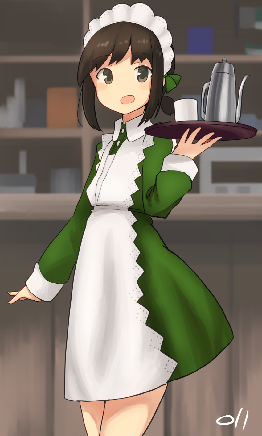1girl absurdres alternate_costume apron artist_logo bar black_hair blurry brown_eyes coffee_cup cosplay cowboy_shot cup depth_of_field disposable_cup dress enmaided frilled_apron frills fubuki_(kantai_collection) green_dress highres kantai_collection low_ponytail ma_rukan maid maid_headdress open_mouth pitcher ponytail shin'you_(kantai_collection) shin'you_(kantai_collection)_(cosplay) short_ponytail sidelocks smile solo waitress white_apron