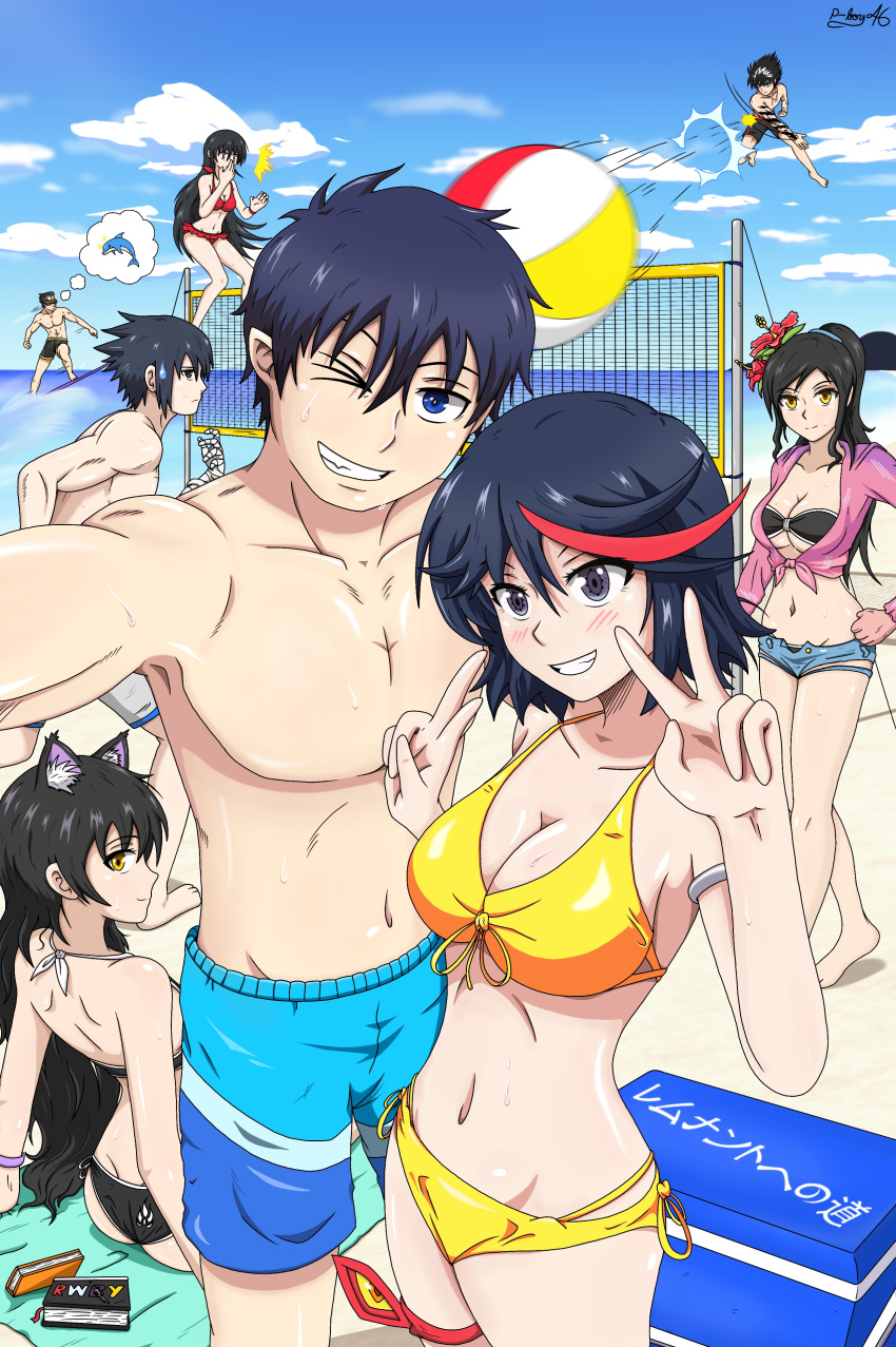 4boys 4girls absurdres akame akame_ga_kill! animal_ears ao_no_exorcist bandage bandaged_arm bandages beach bikini black_eyes black_hair blake_belladonna blue_eyes blue_sky blush breasts cat_ears cleavage cloud crossover day frilled_bikini frills grey_eyes grin hiei highlights highres jojo_no_kimyou_na_bouken kill_la_kill kuujou_joutarou long_hair looking_at_viewer matoi_ryuuko medium_breasts multicolored_hair multiple_boys multiple_girls naruto naruto_(series) naruto_shippuuden navel ocean okumura_rin open_mouth outdoors pointy_ears ponytail red_eyes red_hair reyfearspsychosis rwby sand short_hair side-tie_bikini sky smile spiked_hair stardust_crusaders streaked_hair swimsuit tagme tales_of_(series) tales_of_berseria tattoo uchiha_sasuke velvet_crowe very_long_hair water white_bikini yellow_eyes yuu_yuu_hakusho