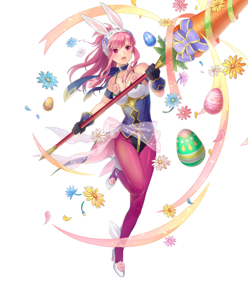 1girl animal_ears artist_request bangs bare_shoulders breasts bunny_ears choker collarbone egg fire_emblem fire_emblem:_seima_no_kouseki fire_emblem_heroes flower gloves high_heels highres holding holding_weapon leg_up leotard long_hair marica_(fire_emblem) medium_breasts nintendo official_art open_mouth pantyhose petals pink_hair polearm purple_eyes see-through shiny shiny_clothes solo spear transparent_background weapon