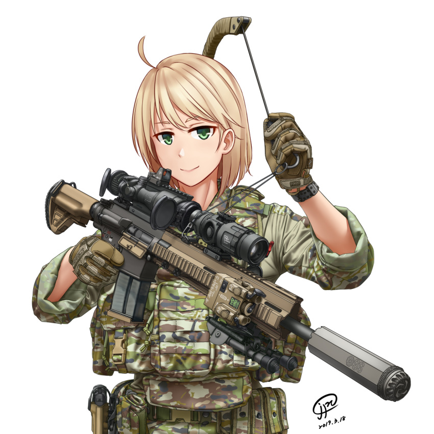 1girl ahoge battle_rifle blonde_hair camouflage commentary dated english_commentary gloves green_eyes gun h&amp;k_hk417 handgun highres holding holding_gun holding_weapon holster holstered_weapon jpc military military_uniform original pistol rifle scope short_hair signature solo uniform weapon white_background