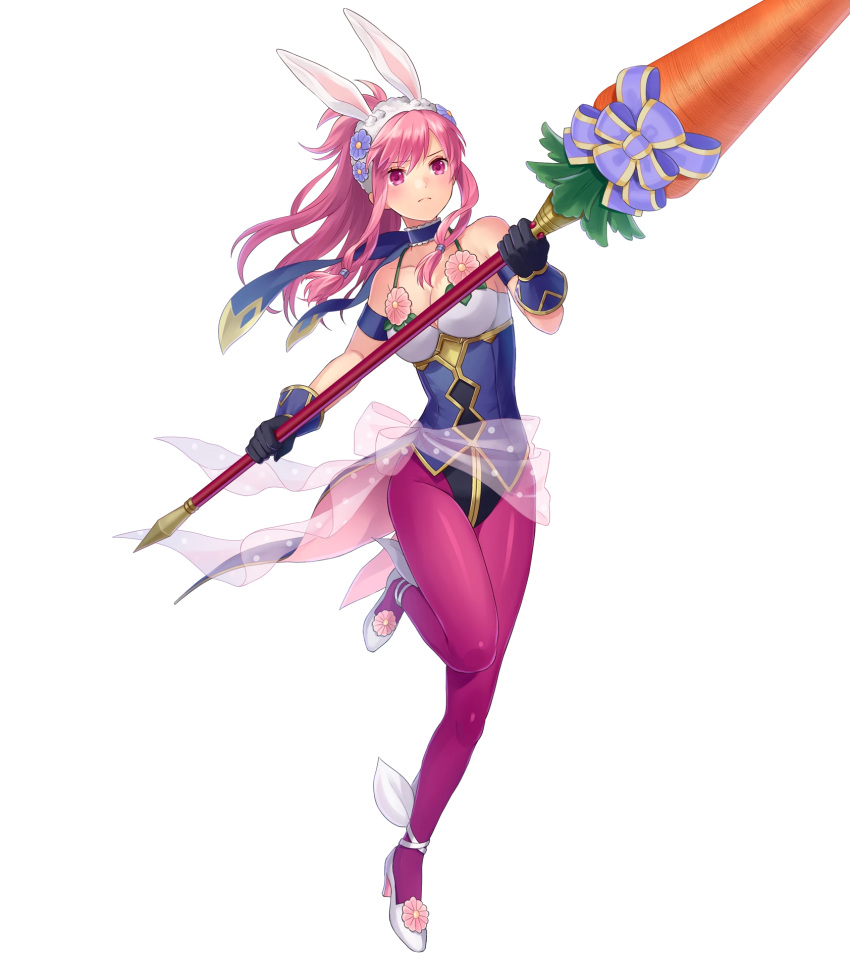 1girl animal_ears artist_request bangs bare_shoulders breasts bunny_ears choker closed_mouth collarbone eyebrows_visible_through_hair fire_emblem fire_emblem:_seima_no_kouseki fire_emblem_heroes gloves high_heels highres holding holding_weapon leg_up leotard long_hair marica_(fire_emblem) medium_breasts nintendo official_art pantyhose pink_hair polearm purple_eyes see-through shiny shiny_clothes solo spear transparent_background weapon white_footwear