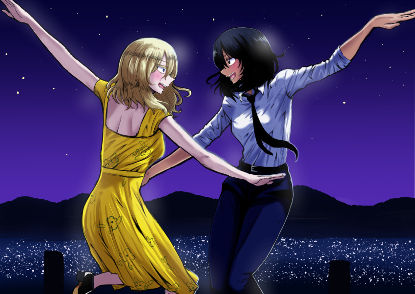 2girls akutagawa_joo andou_(girls_und_panzer) bangs belt black_belt black_footwear black_hair black_neckwear black_pants blonde_hair blue_eyes blue_sky brown_eyes city_lights commentary_request couple crossdressing dancing dark_skin dress dress_shirt eyebrows_visible_through_hair eyelashes from_side girls_und_panzer highres la_la_land long_dress looking_at_another loose_necktie medium_hair messy_hair multiple_girls necktie night night_sky open_mouth oshida_(girls_und_panzer) pants print_dress shirt shoes sky sleeveless sleeveless_dress smile white_shirt wing_collar yellow_dress yuri