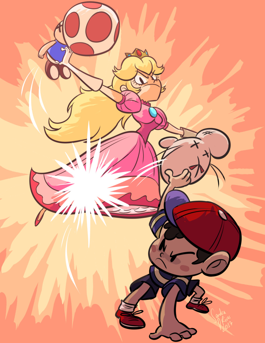 action angry blonde_hair blush cap crown determined earthbound fighting fighting_stance looking_at_another looking_back mother_(game) mother_2 mr.saturn ness nintendo pink_dress princess_peach royalty sandrarivasart striped_shirt super_mario_bros. super_smash_bros. toad toad_(mario)