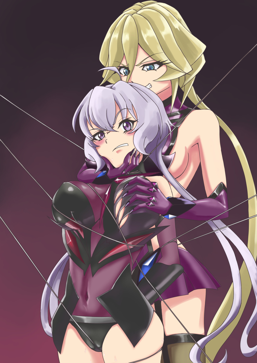 2girls absurdres ahoge angry aqua_eyes artist_request bare_shoulders bdsm black_background blonde_hair blush bondage bound breast_grab breasts brown_legwear cameltoe carol_malus_dienheim chin_grab clenched_teeth covered_navel crotch_rope elbow_gloves erect_nipples eyebrows_visible_through_hair eyes_visible_through_hair female garter_straps gloves grabbing grabbing_from_behind gradient gradient_background grin hair_between_eyes highres large_breasts leotard long_hair looking_at_another looking_at_viewer looking_down low_ponytail low_twintails medium_breasts multiple_girls neck parted_lips pleated_skirt ponytail purple_background purple_eyes purple_gloves purple_skirt restrained revealing_clothes senki_zesshou_symphogear sideboob silver_hair skirt slit_pupils smile standing teeth thighhighs torn_clothes twintails very_long_hair yukine_chris yuri