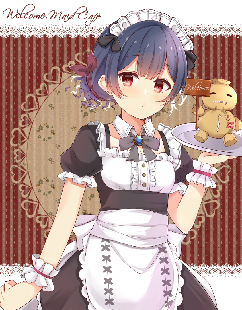 1girl amidada apron bangs black_bow black_dress blue_hair blush bow brooch brown_ribbon center_frills collar collarbone commentary_request detached_collar dress english_text eyebrows_visible_through_hair frills hair_between_eyes hair_ribbon hand_up highres holding holding_tray idolmaster idolmaster_shiny_colors jewelry lace_border long_hair looking_at_viewer morino_rinze puffy_short_sleeves puffy_sleeves red_eyes ribbon shirt short_sleeves sign solo striped striped_background tray vertical-striped_background vertical_stripes waist_apron white_apron white_collar white_shirt wing_collar wrist_cuffs