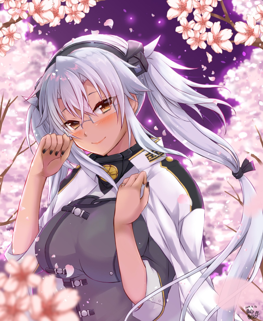 0yukiya0 1girl black_gloves black_nails blush breasts cherry_blossoms closed_mouth collar dark_skin day glasses gloves grey_jacket headgear highres jacket jacket_on_shoulders kantai_collection large_breasts long_hair looking_at_viewer metal_collar musashi_(kantai_collection) nail_polish outdoors partly_fingerless_gloves purple_background red_eyes remodel_(kantai_collection) sidelocks silver_hair smile solo standing twintails upper_body very_long_hair white_coat