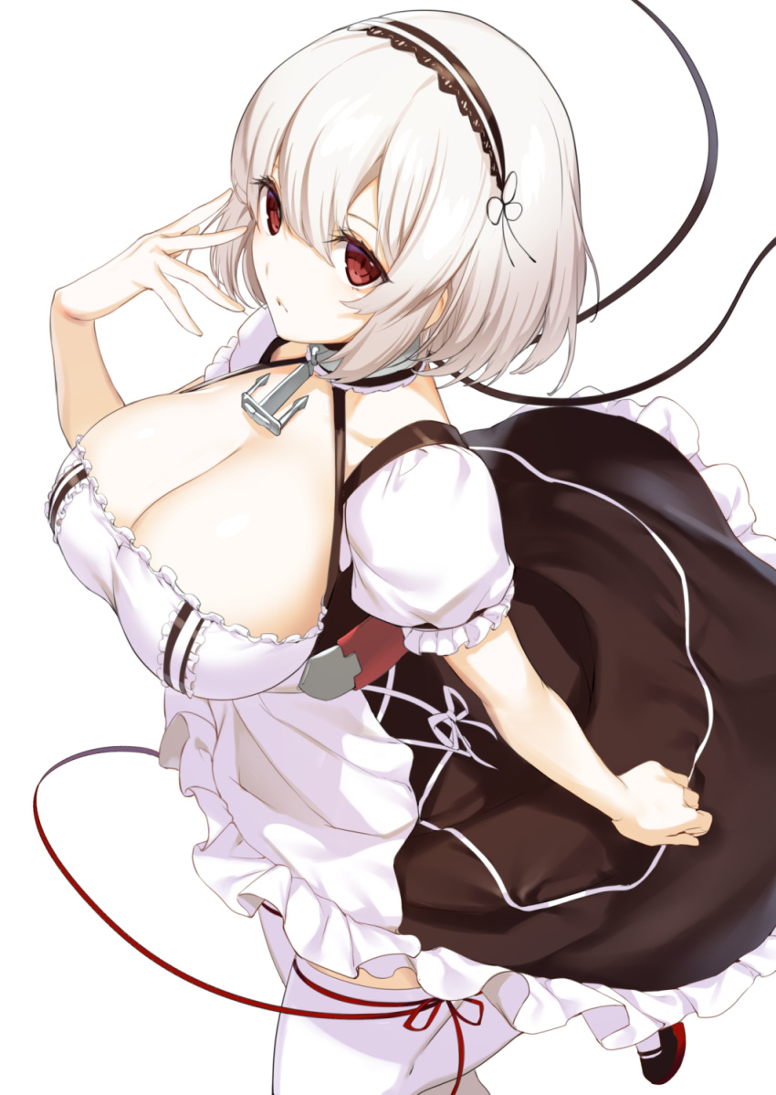 1girl anchor apron azur_lane bangs blush breasts choker cleavage collarbone commentary_request dress eyebrows_visible_through_hair frilled_sleeves frills from_above hair_between_eyes hairband highres ikomochi lace-trimmed_hairband large_breasts looking_at_viewer maid maid_apron puffy_sleeves red_eyes short_hair short_sleeves sidelocks simple_background sirius_(azur_lane) solo thighhighs white_background white_hair white_legwear zettai_ryouiki