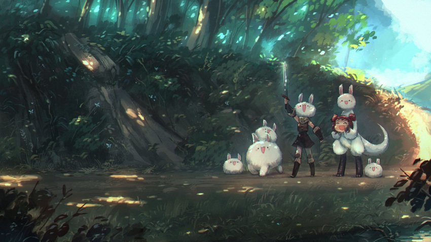1girl :d ^_^ bracer brown_hair bunny closed_eyes commentary creature day disembodied_head double_bun dullahan english_commentary eyes_closed forest grass highres nature open_mouth original outdoors porforever short_hair smile sword tree tree_shade weapon