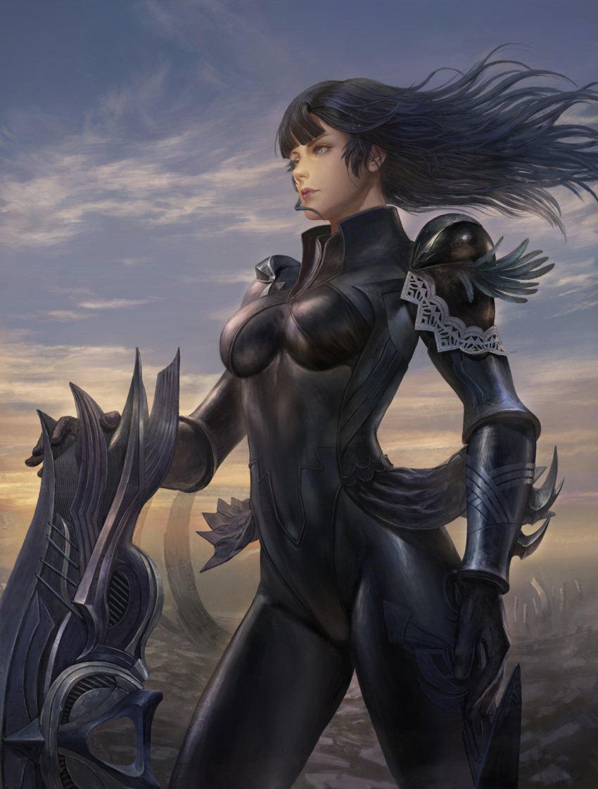 1girl armor black_bodysuit black_gloves black_hair blue_eyes bodysuit bracer breasts gloves highres long_hair looking_to_the_side mobius_final_fantasy outdoors ruins small_breasts solo standing sura twilight