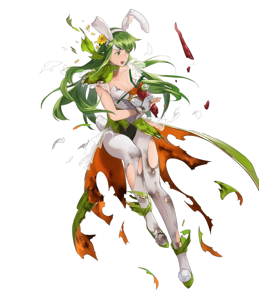 1girl animal_ears bangs bare_shoulders breasts bunny_ears bunny_tail choker dirty_clothes fingernails fire_emblem fire_emblem:_monshou_no_nazo fire_emblem_heroes flower gloves green_eyes green_footwear green_hair hair_ornament headband high_heels highres leotard long_hair mayo_(becky2006) medium_breasts nintendo official_art open_mouth pantyhose paola petals pom_pom_(clothes) see-through shiny shiny_hair sleeveless solo tail torn_clothes torn_gloves transparent_background