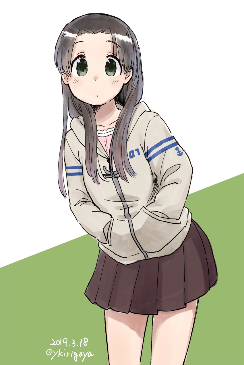 1girl alternate_costume alternate_hairstyle ayanami_(kantai_collection) beige_background black_hair brown_skirt commentary_request dated forehead green_background green_eyes hair_down hands_in_pockets highres hood hooded_jacket hoodie jacket kantai_collection kirigaya_yuuji leaning_forward long_hair looking_at_viewer pleated_skirt skirt solo standing twitter_username two-tone_background white_jacket