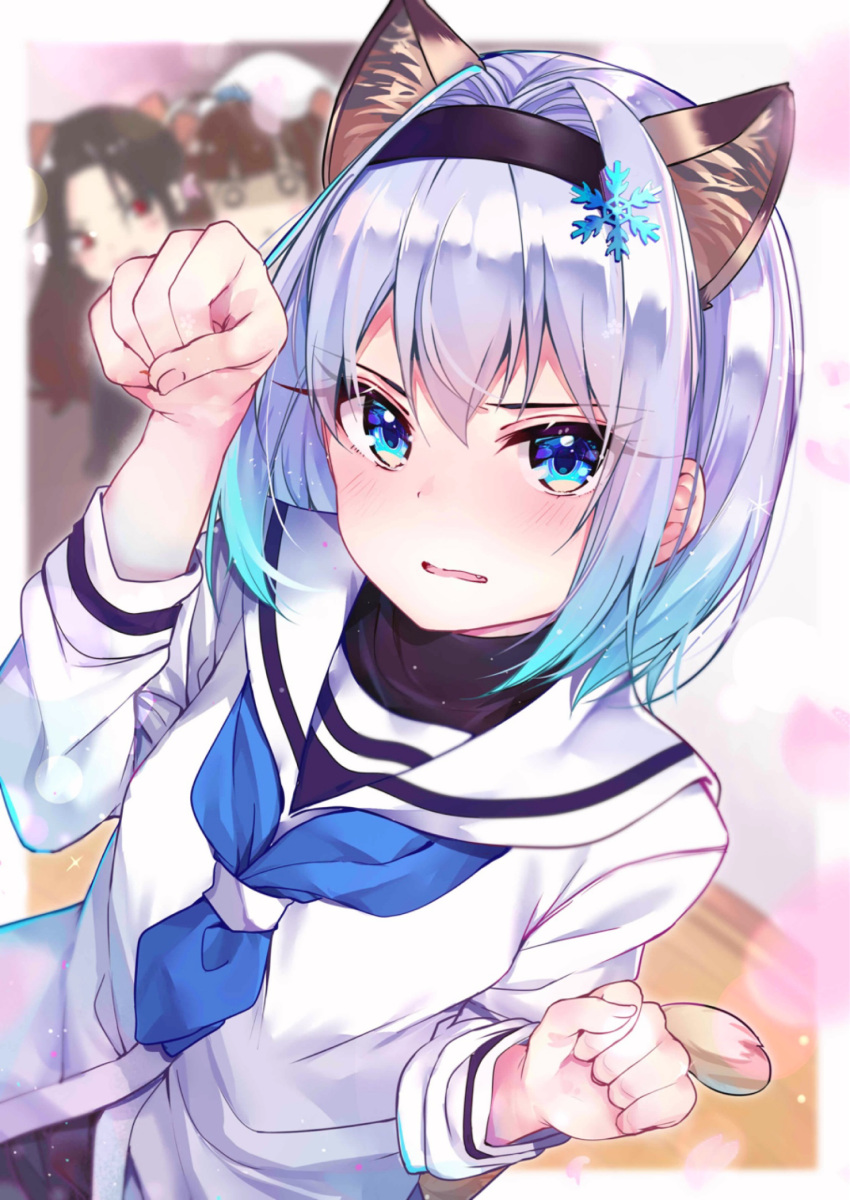 3girls animal_ears bangs black_hairband black_shirt blue_eyes blue_hair blue_neckwear blurry blurry_background blush cat_ears cat_girl cat_tail commentary_request depth_of_field extra_ears fang frown gradient_hair hair_intakes hair_ornament hairband hands_up highres kemonomimi_mode looking_at_viewer multicolored_hair multiple_girls neckerchief parted_lips paw_pose rouka_(akatyann) ryuuou_no_oshigoto! sailor_collar school_uniform shirt short_hair sidelocks silver_hair snowflake_hair_ornament solo sora_ginko tail undershirt upper_body white_sailor_collar white_shirt