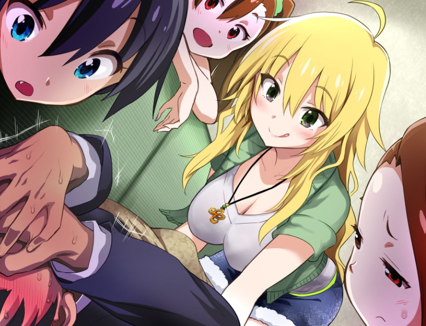 1boy 4girls ahoge akaimato blonde_hair blue_eyes blue_hair blue_jacket blush breasts brown_eyes brown_hair commentary_request couch dot_nose eyebrows_visible_through_hair fang futami_mami ganaha_hibiki green_eyes green_jacket hair_between_eyes highres hoshii_miki idolmaster jacket jewelry large_breasts long_hair looking_at_another minase_iori multiple_girls necklace shirt short_hair shorts smile sweat tongue tongue_out white_shirt