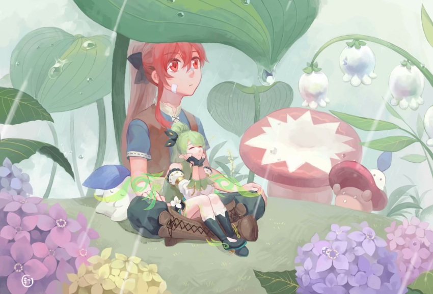 2girls anemos_(elsword) bandaid chilling_hedgehog_(elsword) elesis_(elsword) elf elsword eyebrows_visible_through_hair flower forest leaf leg_wings miniature multiple_girls mushroom nature pointy_ears rain rena_(elsword) shakan_(pixiv28220363) sleeping wings