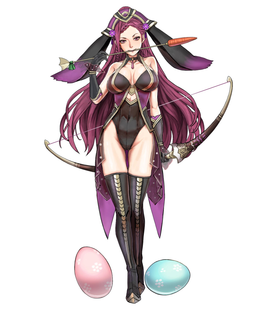 1girl animal_ears arrow bare_shoulders black_gloves boots bow_(weapon) breasts bunny_ears cleavage collarbone covered_navel earrings egg elbow_gloves fake_animal_ears fire_emblem fire_emblem_heroes full_body gloves gluteal_fold hair_ornament highleg highleg_leotard highres holding holding_bow_(weapon) holding_weapon jewelry large_breasts leotard loki_(fire_emblem_heroes) long_hair looking_at_viewer nintendo official_art purple_eyes purple_hair solo thigh_boots thighhighs toshiyuki_kusakihara transparent_background weapon