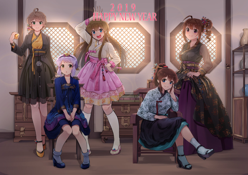 2019 5girls ahoge arm_up black_skirt blue_eyes blush bow braid breasts brown_eyes brown_hair chair closed_mouth collarbone day drill_hair eyebrows_visible_through_hair green_eyes happy_new_year high_heels idolmaster idolmaster_million_live! idolmaster_million_live!_theater_days indoors kamille_(vcx68) kneehighs kousaka_umi large_breasts legs_crossed long_hair long_sleeves looking_at_viewer makabe_mizuki medium_breasts multiple_girls new_year open_mouth parted_lips pink_bow pink_skirt purple_eyes purple_hair sakuramori_kaori satake_minako short_hair short_ponytail side_drill sitting skirt smile socks standing teeth twin_braids white_legwear window yokoyama_nao