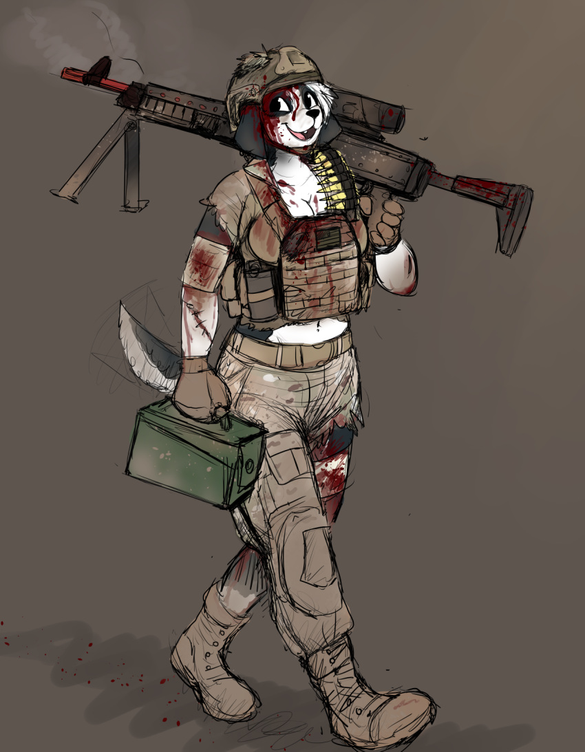 2019 anthro armor army bandage bandolier blood breasts bullet bulletproof_vest canid canine canis clothed clothing digital_media_(artwork) female fur gun helmet hi_res hladilnik holding_object holding_weapon humanoid_hands machine_gun mammal midriff military military_uniform navel open_mouth ranged_weapon samantha_thott simple_background smile smoke_from_gun solo stitches uniform weapon wounded