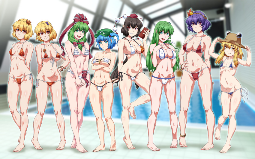 6+girls :d adjusting_clothes adjusting_hat aki_minoriko aki_shizuha anklet aqua_eyes arms_behind_back arms_up bangs bare_arms bare_legs bare_shoulders barefoot bikini black_hair black_wings blonde_hair blue_hair blurry blurry_background blush book bow breasts brown_hat cabbie_hat collarbone commentary_request crossed_arms eyebrows_visible_through_hair feathered_wings food_themed_hair_ornament frilled_bikini frilled_bow frilled_ribbon frills frog_hair_ornament front_ponytail full_body gluteal_fold gradient grape_hair_ornament green_eyes green_hair green_hat grin groin hair_between_eyes hair_bobbles hair_bow hair_ornament hair_ribbon hand_on_hip hand_up hands_up hat highres holding holding_book indoors jewelry kagiyama_hina kawashiro_nitori key kochiya_sanae large_breasts leaf_hair_ornament long_hair looking_at_viewer medium_breasts moriya_suwako mountain_of_faith multicolored multicolored_bikini multicolored_clothes multiple_girls navel o-ring o-ring_bikini ootsuki_wataru open_mouth orange_bikini pointy_ears pom_pom_(clothes) pool purple_bikini purple_hair red_bikini red_bow red_eyes red_ribbon ribbon rope shadow shameimaru_aya short_hair siblings side-tie_bikini sidelocks sisters small_breasts smile snake_hair_ornament standing standing_on_one_leg stomach strapless strapless_bikini swimsuit tassel thighs tokin_hat touhou two_side_up v_arms white_bikini window wings wrist_ribbon yasaka_kanako