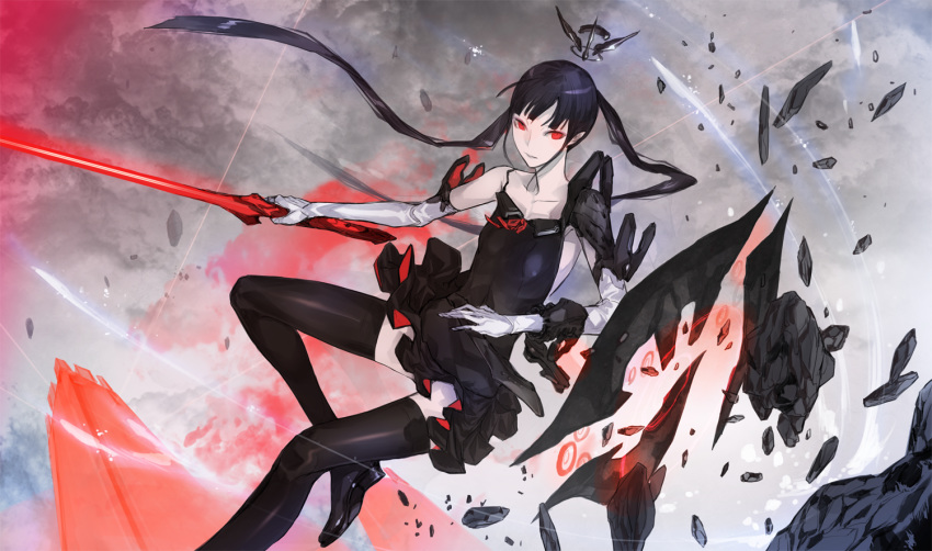 1girl black_footwear black_hair black_legwear black_shirt black_skirt boots day elbow_gloves gloves grey_sky holding holding_sword holding_weapon ishinarimaru_shouten long_hair myufrae outdoors pixiv_fantasia_last_saga red_eyes rubble shirt skirt sword thigh_boots thighhighs tower twintails weapon white_gloves