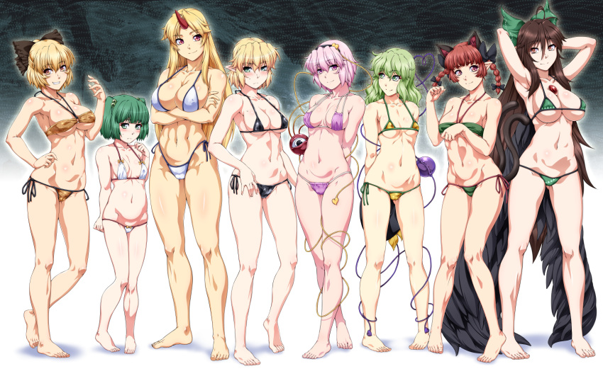 barefoot bikini breasts cleavage group hoshiguma_yuugi kaenbyou_rin kisume komeiji_koishi komeiji_satori kurodani_yamame mizuhashi_parsee navel ootsuki_wataru reiuji_utsuho swimsuit touhou