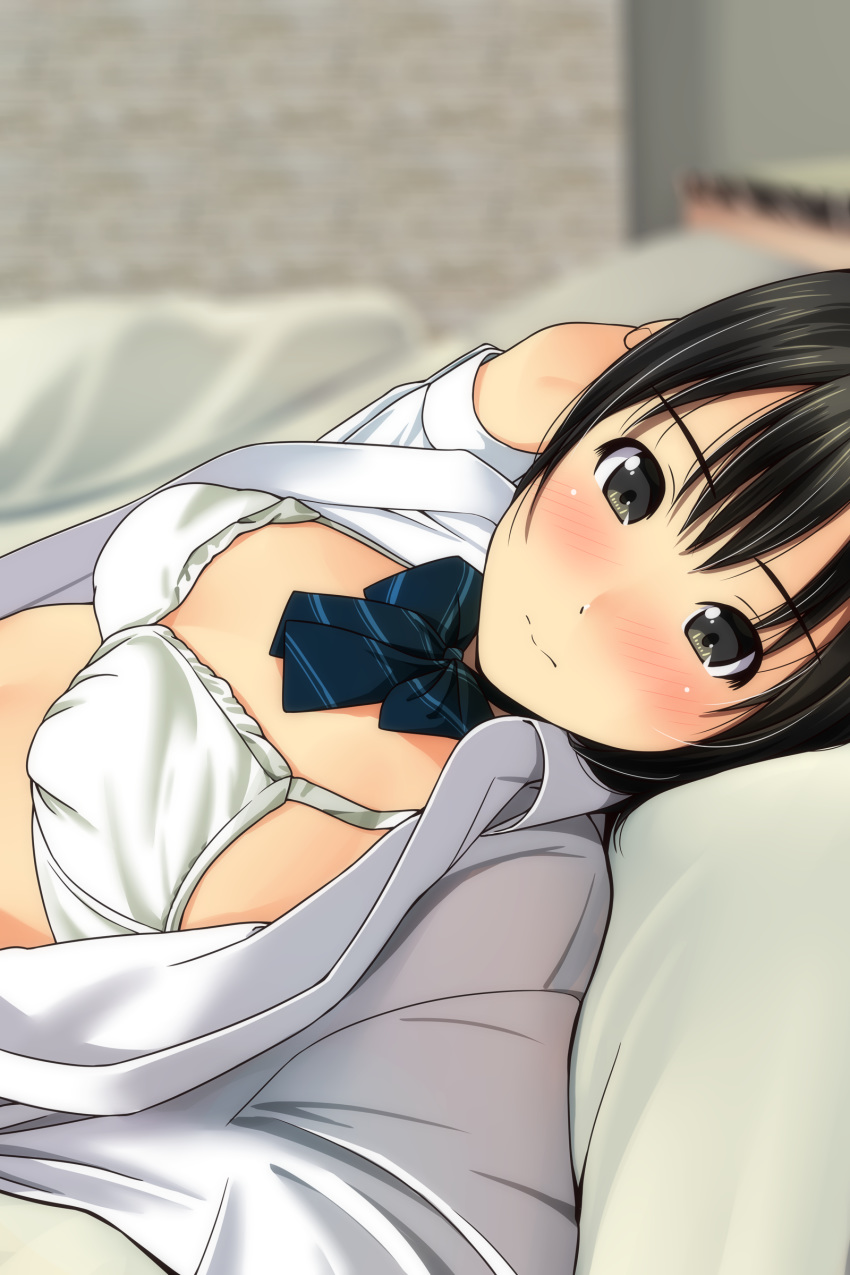 1girl absurdres arm_up bangs bed_sheet black_bow black_hair blurry blurry_background blush bow bra breasts brown_eyes closed_mouth depth_of_field diagonal_stripes dress_shirt eyebrows_visible_through_hair fingernails hair_between_eyes highres indoors long_sleeves looking_at_viewer lying matsunaga_kouyou nose_blush on_back open_clothes open_shirt original pillow shirt small_breasts solo striped striped_bow underwear white_bra white_shirt
