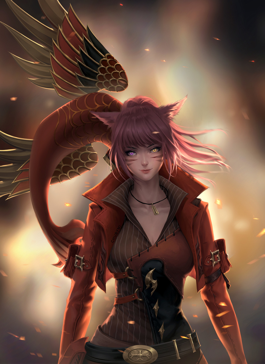 1girl absurdres animal_ears artist_name blurry blurry_background breasts cat_ears chuby_mi closed_mouth cropped_jacket facial_mark final_fantasy final_fantasy_xiv heterochromia highres jacket jewelry large_breasts lips long_hair looking_at_viewer miqo'te necklace open_clothes open_jacket pink_hair ponytail slit_pupils smile solo upper_body whisker_markings wind