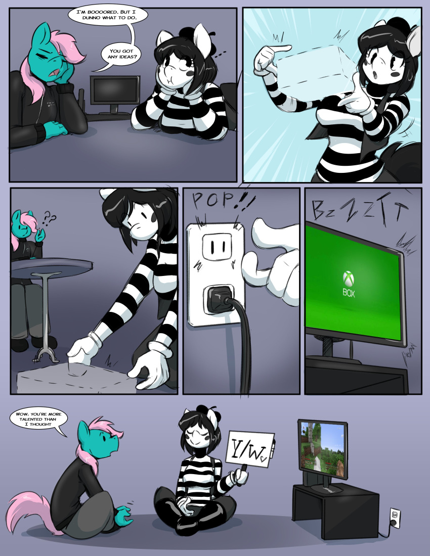 2019 ? anthro beret black_hair clothing comic dialogue digital_drawing_(artwork) digital_media_(artwork) english_text equid equine fan_character female hair hat helixjack hi_res horse humor izzy_(oc) magic male mammal microsoft mime minecraft my_little_pony pink_hair pony speech_bubble striped_clothing stripes television text video_games xbox