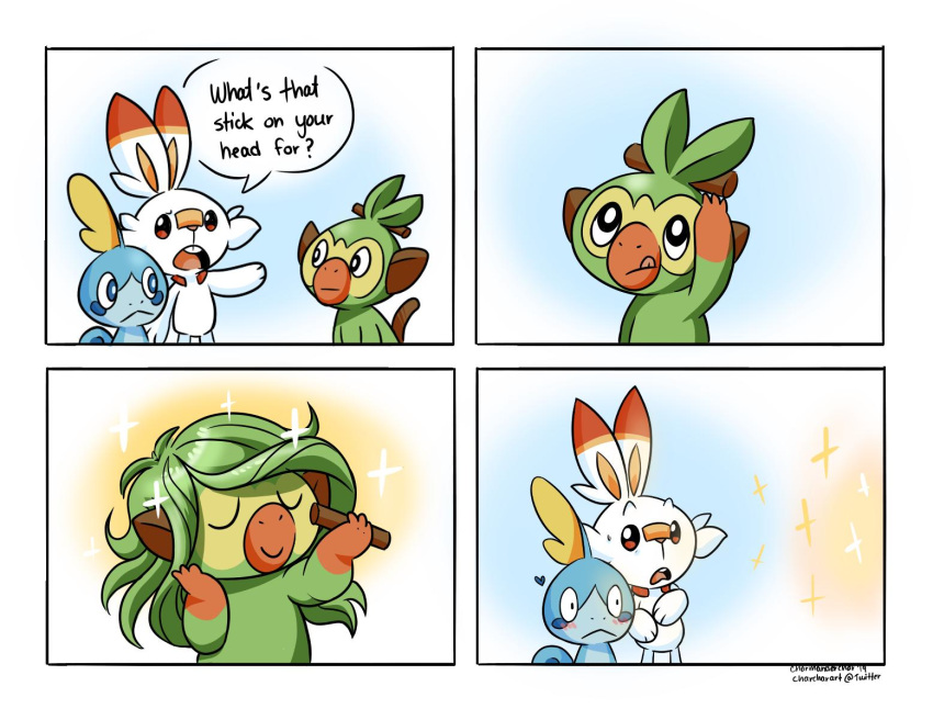 &lt;3 2019 :&lt; ? ambiguous_gender anthro blush buckteeth charcharart comic dialogue english_text eyes_closed feral flustered grookey hair humor lagomorph long_ears long_hair looking_up mammal nintendo open_mouth pok&eacute;mon pok&eacute;mon_(species) primate question reptile scalie scorbunny smile sobble sparkle speech_bubble standing stare surprise sweat teeth text tongue tongue_out video_games