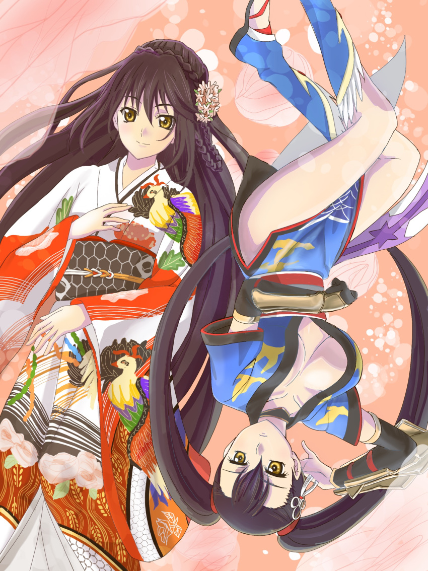 2girls asymmetrical_gloves asymmetrical_sleeves black_gloves black_hair black_legwear black_sleeves blue_kimono braid breasts brown_eyes cleavage collarbone crown_braid detached_sleeves earrings floating_hair flower frown gloves hair_between_eyes hair_flower hair_ornament highres japanese_clothes jewelry kimono kuronuma large_breasts long_hair looking_at_viewer lying multiple_girls obi on_back print_kimono sash shiny shiny_skin single_glove smile tales_of_(series) tales_of_berseria twintails velvet_crowe very_long_hair white_kimono